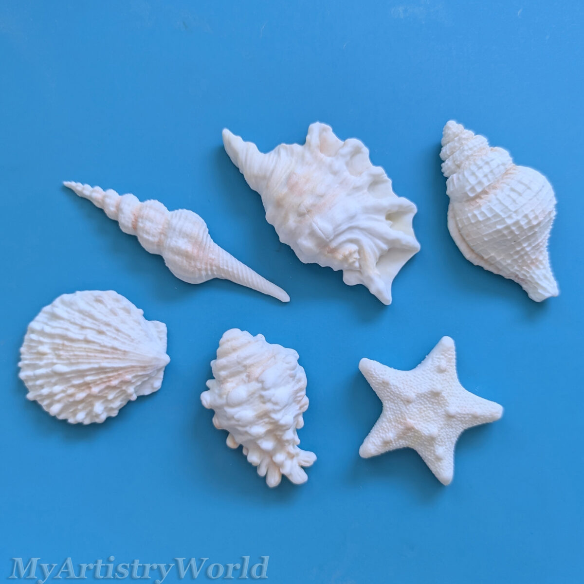 Edible seashell cake toppers with starfish and assorted shell designs