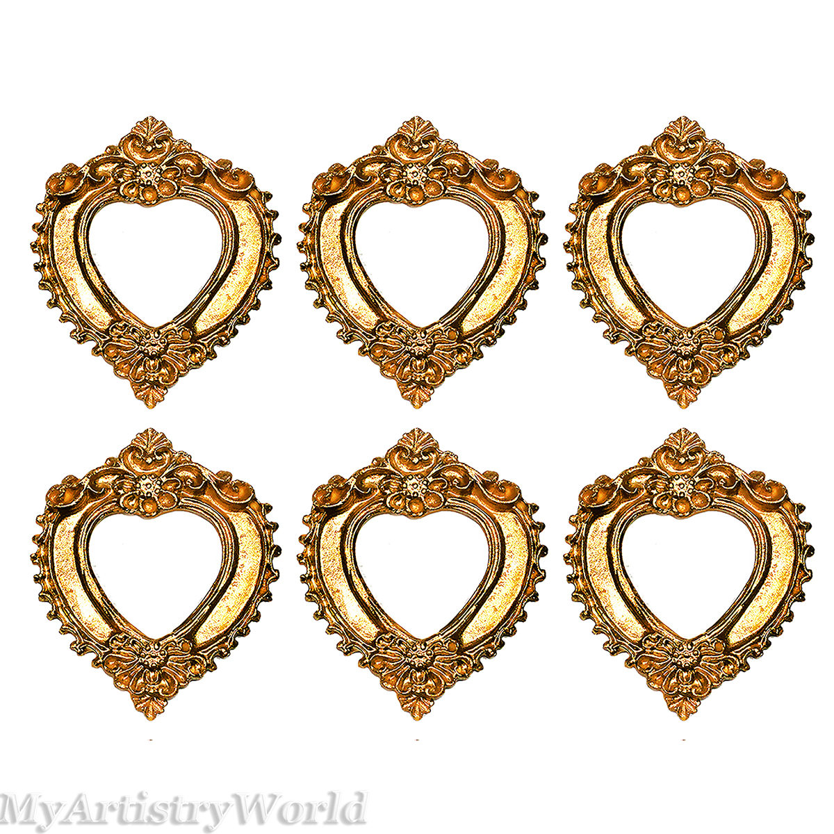 Set of 6 ornate vintage heart-shaped frames, perfect for weddings, crafts, and décor