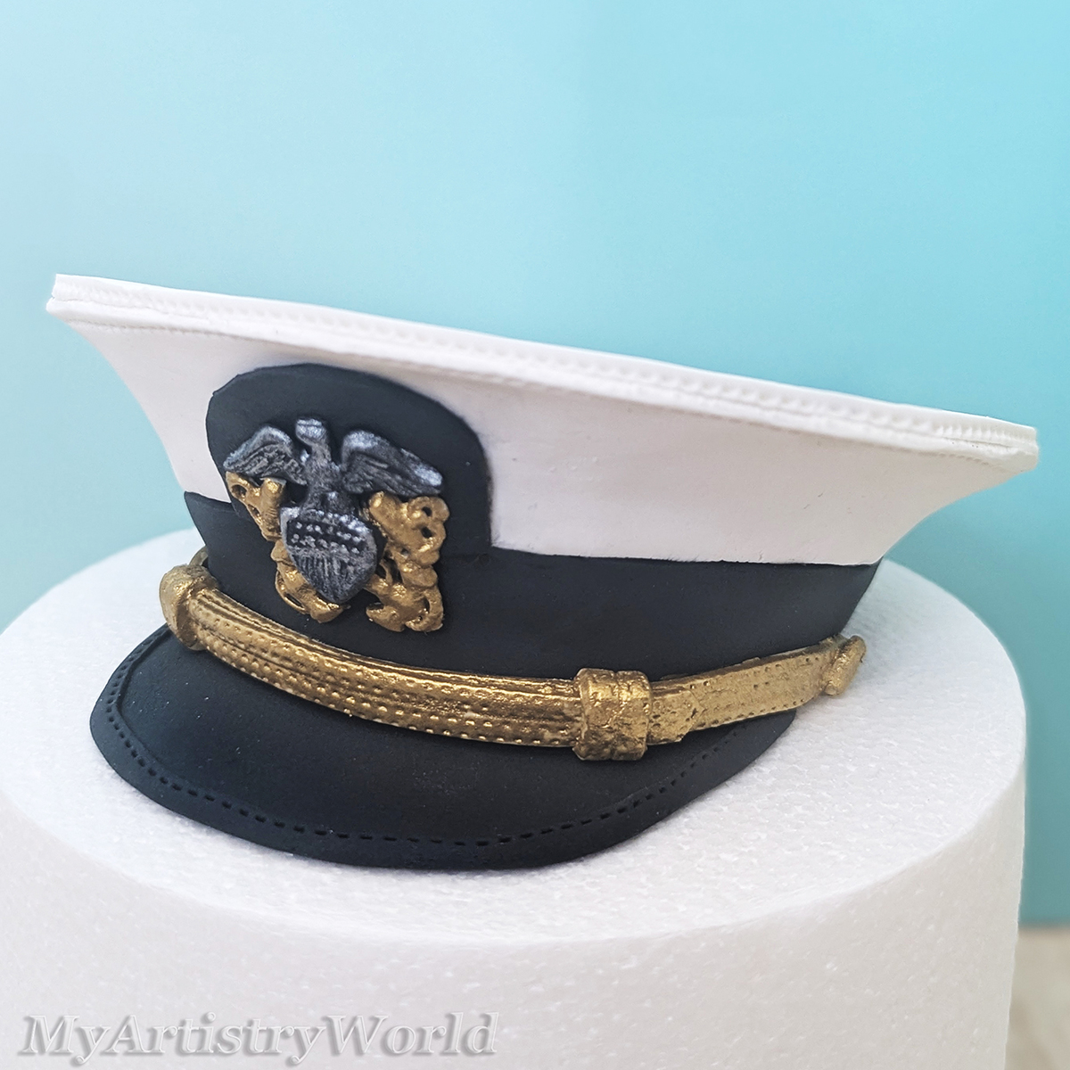 Custom U.S. Navy officer hat cake topper with plain visor made from edible fondant