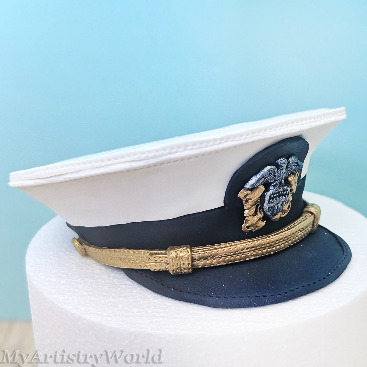 Custom U.S. Navy officer hat cake topper with plain visor made from edible fondant